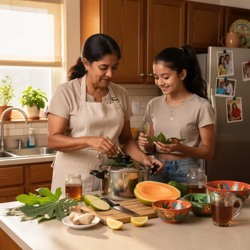 Žalios papajos lapai, naudojami arbatai, išdėstyti ant medinio stalo.