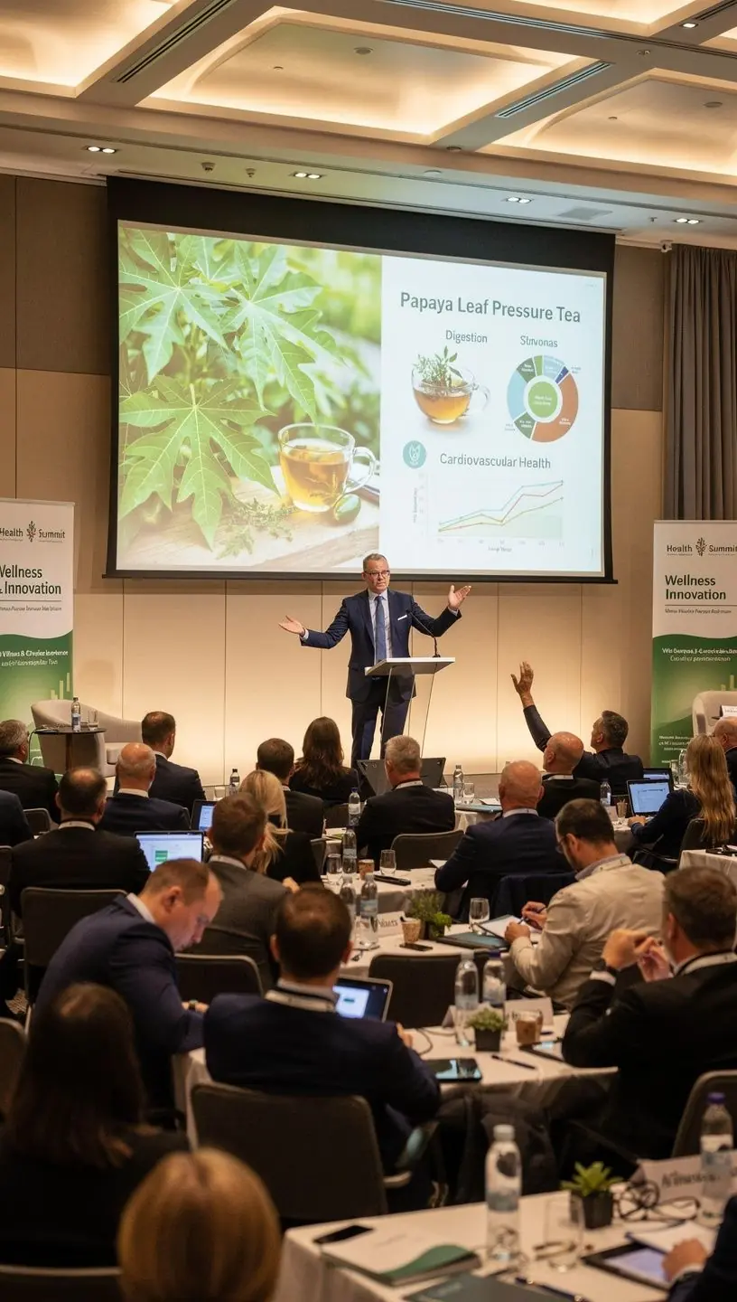 Puodelis arbatos su žaliosios papajos lapais ir citrinos riekelėmis.