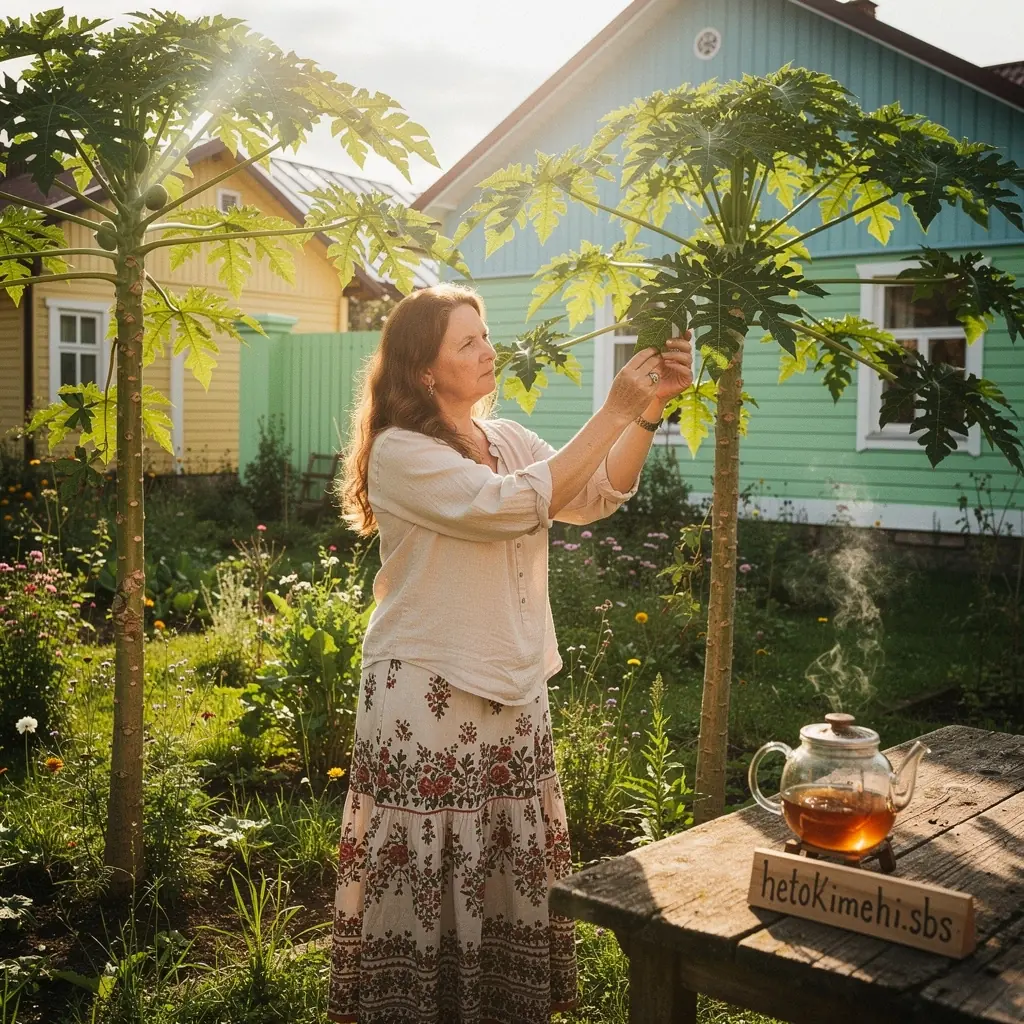 Papajos lapų arbata puodelyje, šviežiai paruošta ir garuojanti.