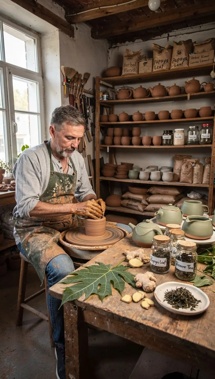 Šviežiai paruošta arbata su papajos lapais ir citrinų griežinėliais.