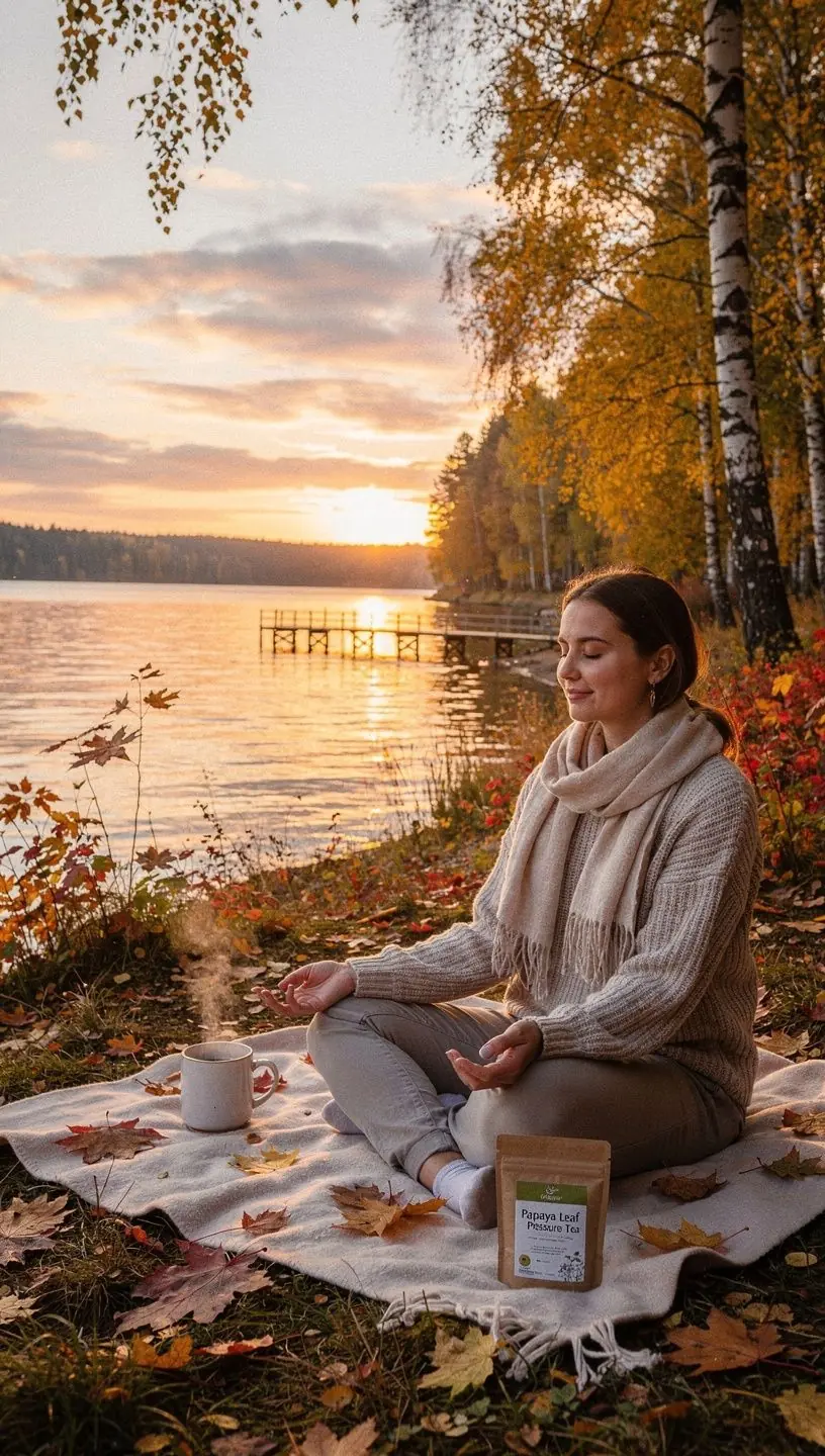 Papajos lapų arbatos puodelis ant medinio stalo, apsuptas vaisių.