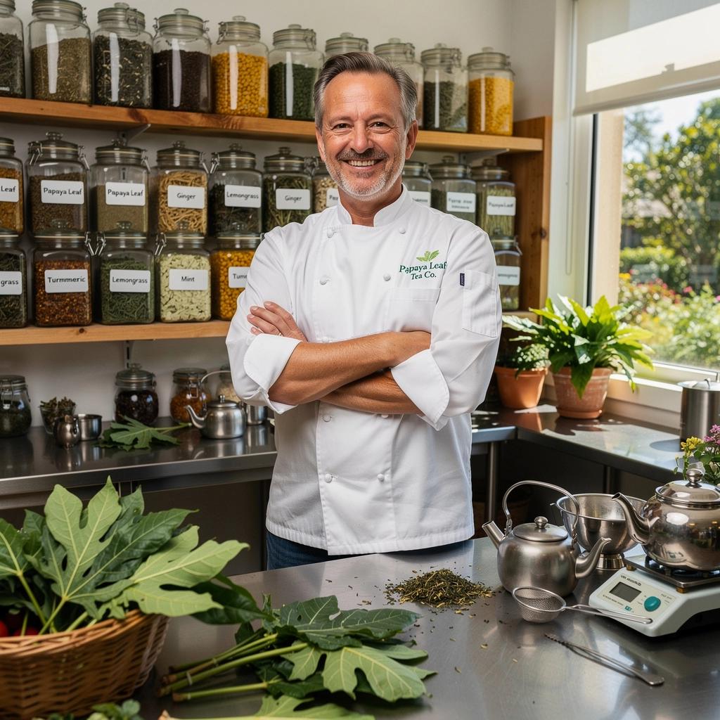 Arbatos ingredientai, įskaitant papajos lapus ir kitas žoleles, supakuoti į maišelį.